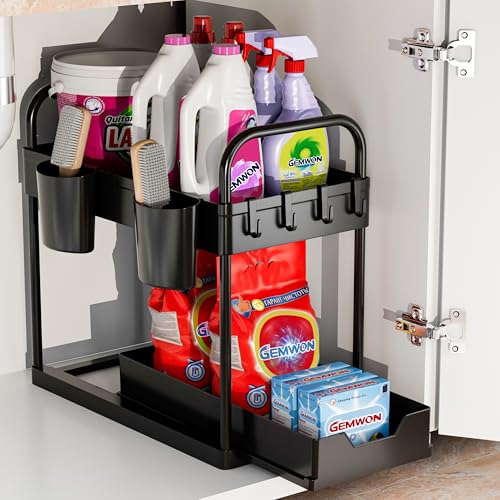 GEMWON Küchen Organizer, 2 Etagen Unter Waschbecken Regal mit 4 Haken &2 Tassen, Spülschrank Organizer, Badezimmer Organizer, Schrank Organizer, Ordnungssystem für Küche,Haushalt & Wohnen