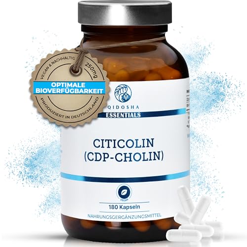 QIDOSHA® CDP Cholin (Citicolin) Kapseln, 180 Kapseln im Apothekerglas, volle 250mg Citicolin/CDP Cholin je Kapsel, vegan, laborgeprueft, deutsche Fertigung, Citicoline CDP Choline 250mg