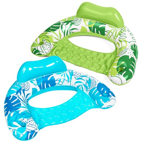 SLOOSH Aufblasbare Pool-Flöße für Erwachsene, 2er Poolstühle mit Getränkehaltern, aufblasbarer Schwimmstuhl, Blätterdesign für entspannte Sommer-Wasserfreude, Schwimmparty, Strand, Blau, Grün
