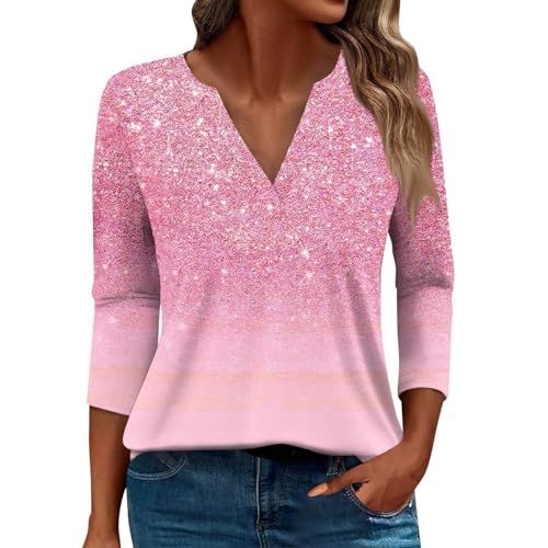 AIchenYW Damen V-Ausschnitt Sieben-Punkte-Ärmel Hübsche Gemusterte Oberteile Modisches langärmeliges Top Hochwertige Bluse aus Stoff Oberteile für den Alltag (Pink, XXL)