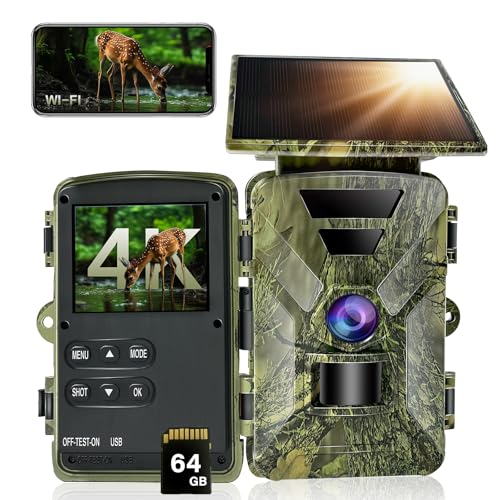 HAZA Wildkamera Solar WLAN mit Handyübertragung App,4K HD Video WiFi Bluetooth wildtierkamera mit nachtsicht bewegungsmelder,5200mAh Solarpanel Akku 64GB SD-Karte Wildcamera Outdoor IP66 Wasserdicht