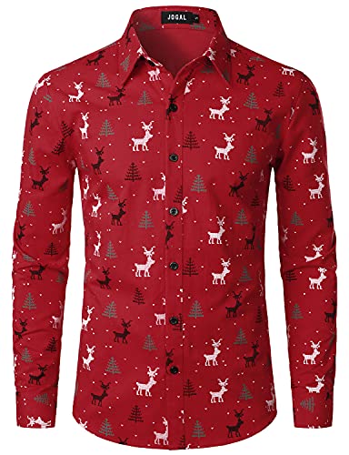 JOGAL Herren Funky Christmas Print Weihnachtsmann Hemd Langarm Button Up Freizeithemd Rot X-Large