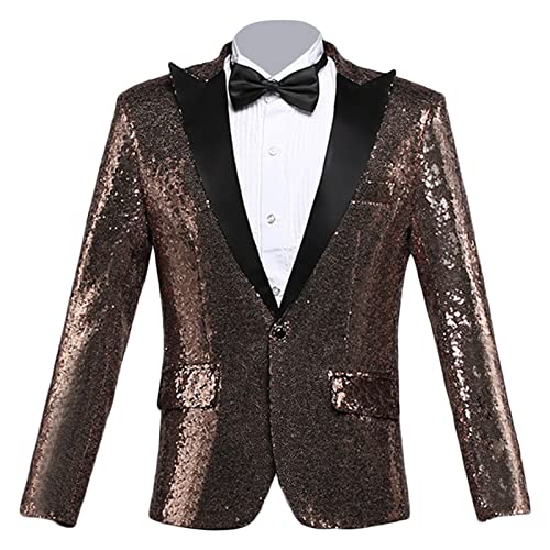 Glänzender Pailletten Anzugsblazer für Herren Ein Knopf Pailletten Festival Party Smoking Schmal Geschnittener, Stilvoller Bankett Abschlussball Hochzeits Sportmantel (Braun,S)