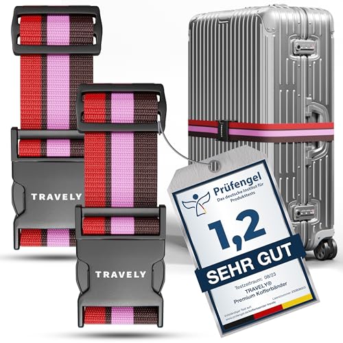 Travely® Premium Koffergurt - Besonders Auffällig & Sicher - Inkl. 2 Namensschildern - Gepäckband ideal über Kreuz - [2er Set] - Rot-Pink-Braun