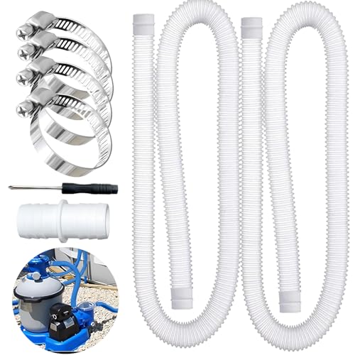 Poolschlauch 150cm / Ø 32mm, 2 Stück Pool Schlauch für Poolpumpen, mit 4 Stück Sicherungsclip Und 1 Stück schlauchverbinder, Poolschlauch für Filterpumpe und Salzwassersystemen, Weiß