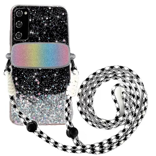 Tivenfezk Nadoli für Samsung Galaxy A71 Glitzer Handykette Hülle,Silikon Bling Durchsichtig Crossbody Tasche zum Umhängen Schutzhülle mit Telefon Clip Halter Band