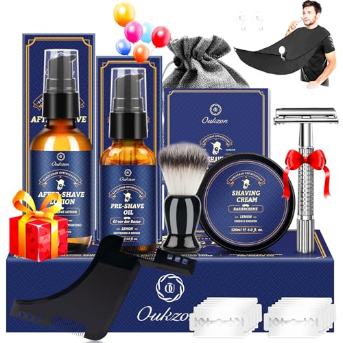 Bartpflege Set für Männer, Hochwertig Bart Rasierset Geschenke für Männer - Bartwuchsmittel Herren mit Bartöl, Rasiercreme, After Shave Lotion, Rasierhobel, Rasierpinsel, Bartschablone, Bartschürze