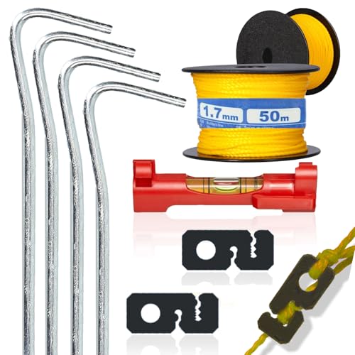 Maurerschnur Set bestehend aus Maurerschnur (Richtschnur 50m x 1,7mm) Maurerschnurspanner (Schnurspanner) mobile Schnurwasserwage und Erdnägel (Hering)