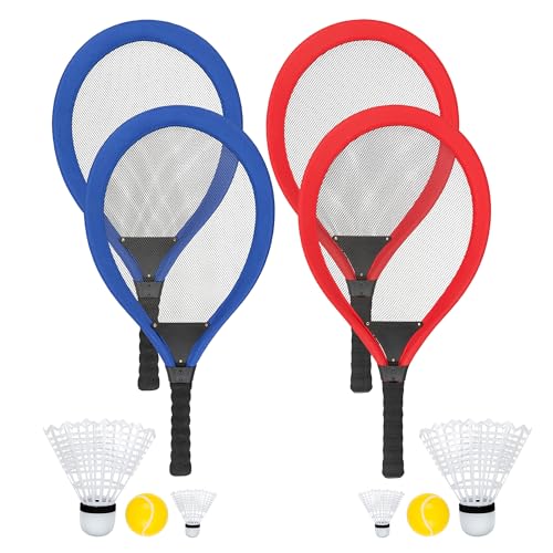 Idena 90956 - 2er Set Softballspiel mit 4 Schlägern, 2 XXL Federbällen und 4 weiteren Bällen, ca. 67 cm, mehrere Farbvarianten, für Sommer, Garten, Park oder Strand