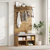 Ymkua Garderobenset Wandgarderobe, Flurgarderobe Set mit Schuhbank und Kissen, Garderoben Set mit Kleiderstange und Verstellbarem Regal, Kompaktgarderobe, Wandgarderobe, Oak Color, 84L x 37B x 175H cm