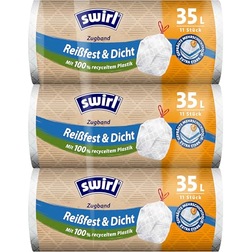 Swirl Reißfest & Dicht Müllbeutel mit Zugband, 35L, 3er Multipack mit 33 Mülltüten, Extra Stark, Tropfsicher