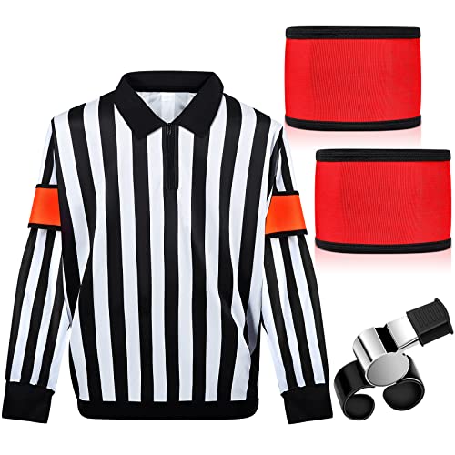 HICARER Eishockey Langarm Gestreiftes Schiedsrichterhemd Herren Offizielles Schiedsrichterkostüm Schwarz und Weiß Streifen Schiedsrichterhemd Reißverschluss Kragen Impire Jersey Orange Rot Armbänder