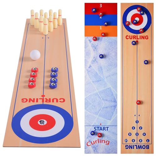 Lotvic 3 in 1 Shuffleboard Bowling Curling Spiel, Curling and Shuffleboard Table-Top Game, Bowling Shuffleboard Tischset, Tragbares Curling-Spiel, für Zuhause, Büro, Party