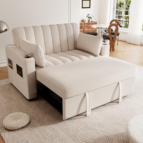 Idemon Modernes Multifunktionssofa mit Schlaffunktion, Verstellbarer Rückenlehne, Getränkehalter und Kissen, geeignet für Wohnzimmer, Schlafzimmer (Beige)