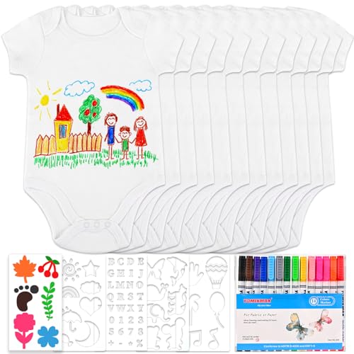 Tigvio 12 Stück Lätzchen zum Bemalen, Babybody zum Bemalen für Babyparty, Lätzchen Bemalen mit 12 Baby Body (38 * 21 cm) + 14 Bunte Textilstift + 5 Schablonen für Babyparty Spiele Babyshower Geschenk