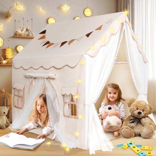Herenear Kinderzelt mit 2 Eingängen, Spielzelt Kinder Indoor mit Lichtern und Zeltunterlage, Spielhaus Kinderhaus Innenbettzelt, Zelt Kinderzimmer Dekor für Kleinkinder ab 3 Jahre