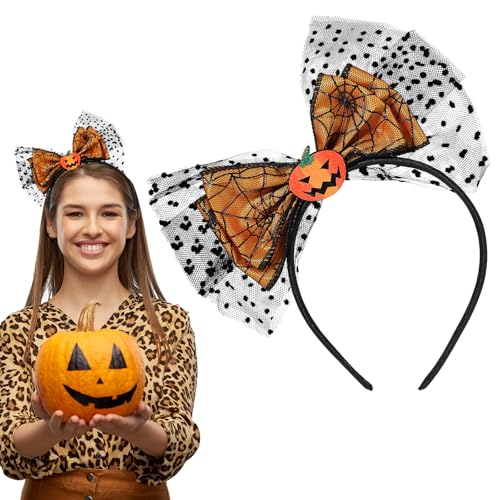 Qianyu Halloween Haarreif Kürbis Stirnband Mädchen Haarband Schleife Kopfschmuck mit Netzdekor Elegante Schädel Kopfbedeckung für Maskerade Karneval Party Cosplay Kostüm Halloween Erwachsene(Orange)