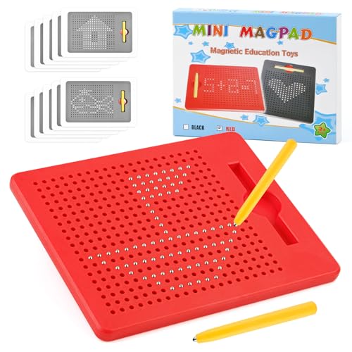 Magnetspiel Kinder, Magnetische Zeichentafel Magnetisches Stahlkugel Zeichenbrett mit 2 Stück Magnetstifte, Magnet Spielzeug Kinder, Lernspielzeug für Kinder ab 3 Jahre, 21.5x17.5 cm, Rot