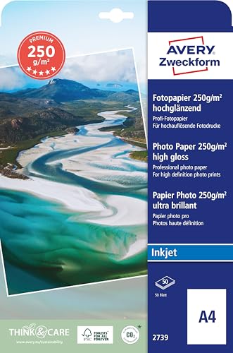 Avery Zweckform Art. 2739 Premium Inkjet Fotopapier (50 Blatt, 250 g/m², DIN A4, hochglänzende Fotokarten, einseitig beschichtet, sofort trocken & wischfest, Fotoblätter für Inkjet-Drucker) weiß