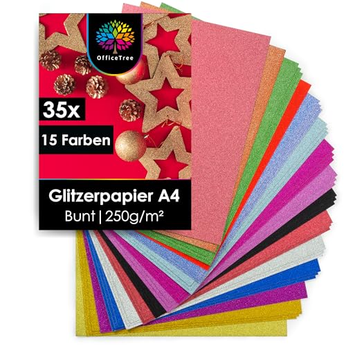 OfficeTree 35 x Glitzerpapier zum Basteln A4-15 Farben 250g/m² - Glitzer Papier A4 Bunt - Glitzer Bastelpapier - Glitzer Karton zum Basteln und Gestalten