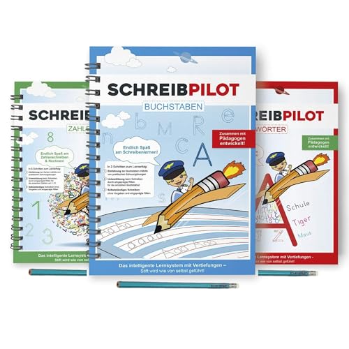 SCHREIBPILOT 3er Set Schreiblernhefte für ABC-Schützen mit vorgeprägten Buchstaben, Zahlen und Wörtern | Lernsystem entwickelt von Lehrern, Professoren und Schülern