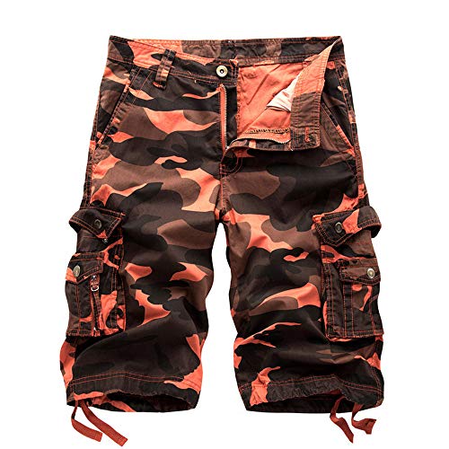 Herren Cargo Shorts, Treer Tarnung Jahrgang Savage Vintage 3/4 Kurze Hose mit Taschen Sommer Airborne Bermuda Kurze Hosen Jogger Streetwear Jeansshort für Sport Übung Fitness (Orange,34)