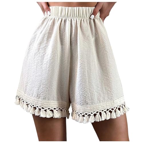 Hose Damen Stretch Muster mit Spitzeneinsatz, Shorts elastischer Taille, sexy, würziges Mädchen, einfarbig, Freizeithose Jogginghose Warm(Beige,S)