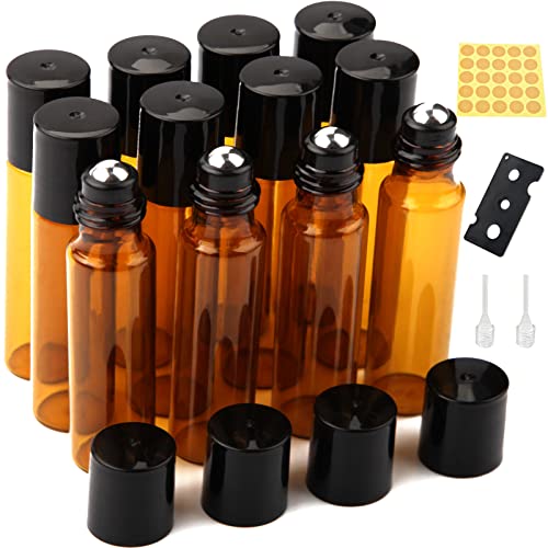 Roll on Glasflaschen für ätherisches öl 12 Stück Braun öl Flasche Leer 10ml Rollon Flaschen für öle mit Edelstahl-Roller Ball für Lotionen,Parfüm,Massage