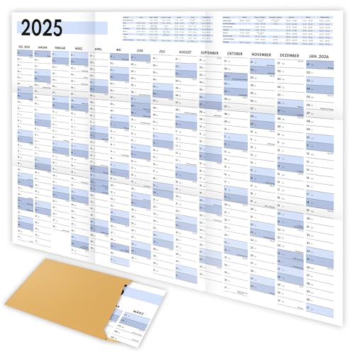 XXL Wandkalender 2025 groß (90x60cm) - Jahresplaner 2025 quer als Kalender für die Wand - Jahreskalender für 14 Monate mit Ferienübersicht - Kalender gefalzt für das Büro