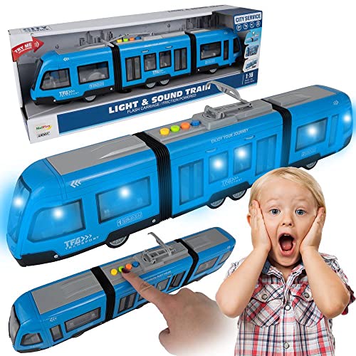 Maplay Straßenbahn Spielzeug mit Friktionsmotorantrieb Licht&Ton Stadtverkehr Fahrzeug mit zu öffnender Tür Modell Maßstab 1:16 für Kinder ab 3 Jahren