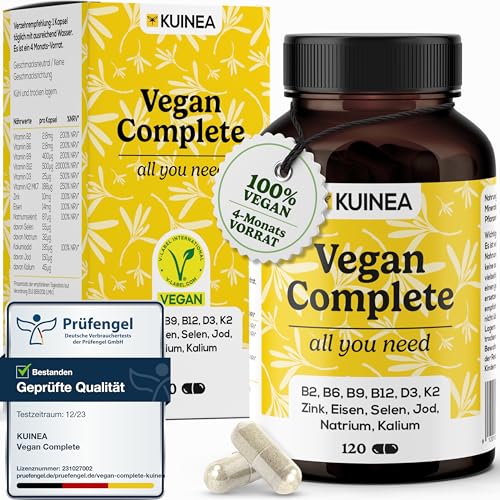 Vegan Complex - All in one Vitamine I 4-MONATS-VORRAT I Vitamin B12 Vegan+D3+K2+B2+B9+B6 + Zink + Eisen + Selen + Jod + Natrium + Kalium - Vegan Vitamine, Vegan Supplements