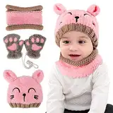 Mütze Schal und Handschuhe Set, Rosa Winter Baby Hut Schal Handschuhe für Kleinkind Kinder, Wintermütze Halstuch Flauschige Nackenwärmer Hüte und Handschuhe Geschenke für Mädchen 1-4 Jahre