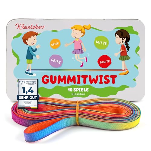 KLEINTOBER I Gummitwist Kinder I mit Anleitung für Spiele I Hüpfgummi I Twister I Indoor und Outdoor Spielzeug I Regenbogen Band I für Mädchen & Jungs I Gummitwist I ideal für Geschenke