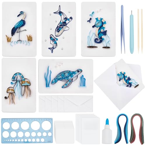 WEBEEDY 20 Set Papier Quilling Kit Für Erwachsene Anfänger 5 Stile Schildkröten Delphine Flamingos Quallen Seepferdchen Quilling Grußkarten Bastelset Mit Anleitung Für Geburtstag