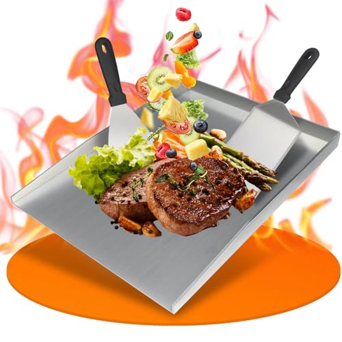 4mm Plancha Grillplatte, 30×40cm, Auslaufsicheres Design Plancha Grill. Mit 2 Kunststoff Grillschaufeln Ausgestattet. Plancha Grillplatten Perfekt für Gasgrill, Teppanyaki, Induktion