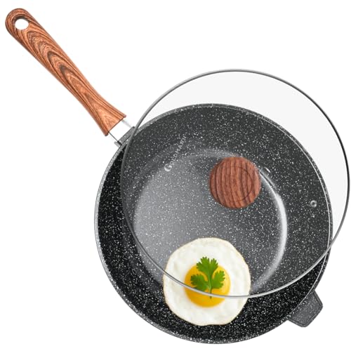 GOLDMANN Hochwertige Gussaluminium-Tiefe Bratpfanne 24 cm – Marmorierte Keramik-Antihaftbeschichtung, Induktionsgeeignet, Hitzebeständiger Deckel mit Aroma-Dripper, Soft-Touch-Griff, Umweltfreundlich,
