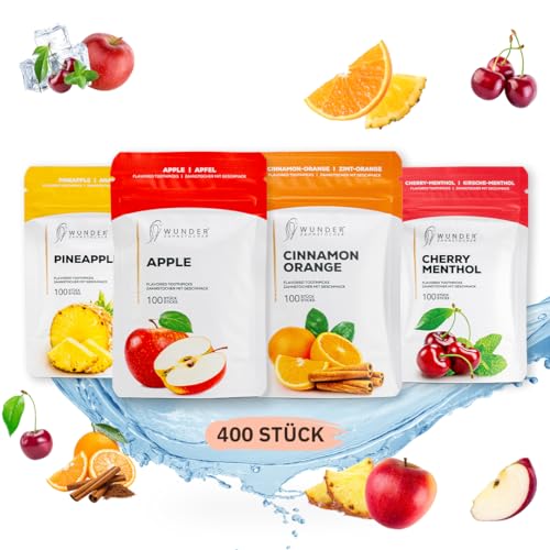 Wunder Zahnstocher - In 4 erfrischenden Sorten COOL FRUIT PACK - Zahnstocher mit Geschmack - Plastikfreies Kaugummi - Raucherentwöhnung - frischer Atem mit Aromatisierte Zahnstocher - Zuckerfrei