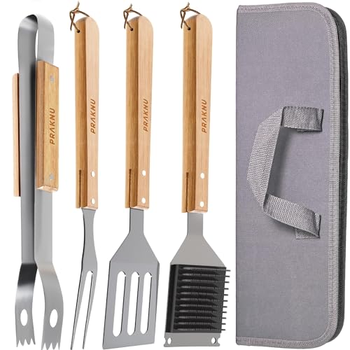 Praknu Grillbesteck Set mit Holzgriffen - Mit Tragetasche Hitzebeständig und Rostfrei