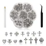 Ruzister® 75 Stück 3D-Nagel-Charms, Kreuz, verchromtes Metall, silberner Nail-Art-Charm mit Gothic-Retro-Punk-Herzen und Totenköpfen, Maniküre, Nail-Art-Dekorationen