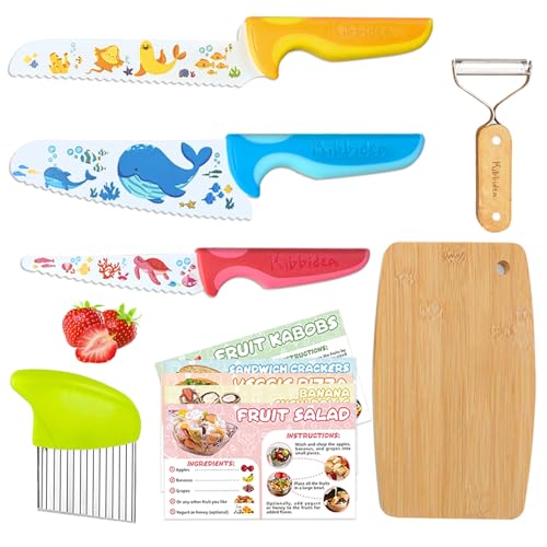 Kibbidea 7-teiliges Kindermesser Set, Edelstahl, Küchenmesser ab 3 Jahren, zum Schneiden und Kochen von Obst oder Gemüse, inklusive Schäler Schneidebrett Gewelltes Blumenmesser