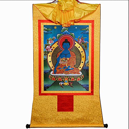 Tibetische Tangka, Rollen von Tangka, Akshobhya (Ein heilender Buddha vor dem Medizin-Buddha), tibetische Thangka-Malkunst, buddhistischer Thangka-Brokat (Farbe: Blau, Größe: Groß (85 c (Farbe). ( Col