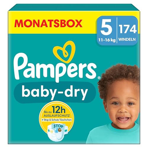 Pampers Windeln Größe 5, 174 Windeln, 11kg-16kg Baby-Dry, Mit Stop & Schutz Täschchen am Rücken für bis zu 100% Auslaufschutz die ganze Nacht