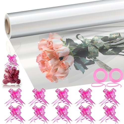 Cieex Transparent Geschenkpapier, Geschenkfolie, Klare Cellophan Rolle mit 2 Bände +10 Geschenkschleifen, Klares Verpackungspapier für Blumen Handwerk Korb Wrapping Geschenk Wrap Art