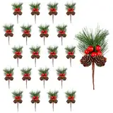 20 Pcs Tannenzweige Künstlich wie Echt, Weihnachten Tannennadeln mit roten Beeren Tannenzapfen, Beeren Deko Weihnachten für Handwerk Blumenarrangement Kranz Winter Urlaub Saison Dekor