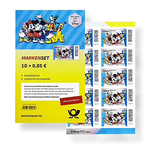 10 Stück 0,85 EUR 85 Cent postfrische selbstklebende Briefmarken Mini, Mickey, Mouse, Goofy, Donald Duck, Pluto | Frankaturware Markenset (Motiv: 100 Jahre Disney)