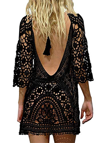 EDOTON Damen Gestrickte Strandkleid Bikini Cover Up Sommer Strand Vertuschen Bikinibluse (C-schwarz)