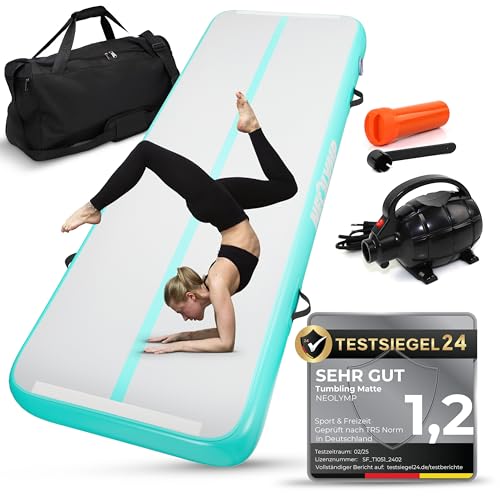 NEOLYMP Turnmatte - Tumbling Matte 3m - Aufblasbare Sprungmatte Kinder & Erwachsene - Rutschfeste Gymnastikmatte - Sportmatte mit elektrischer Luftpumpe (Turnmatte Mintgrün - Weiß)