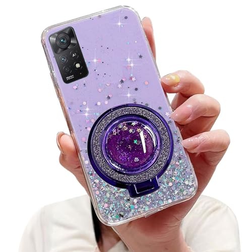 Tivenfezk Nadoli Sparkle Treibsand Ständer Hülle für Xiaomi Redmi Note 12 4G,Versteckt Ständer Ring Klar Glitzer Stern Handyhülle Durchsichtig Bling Schutzhülle Case Cover,Lila