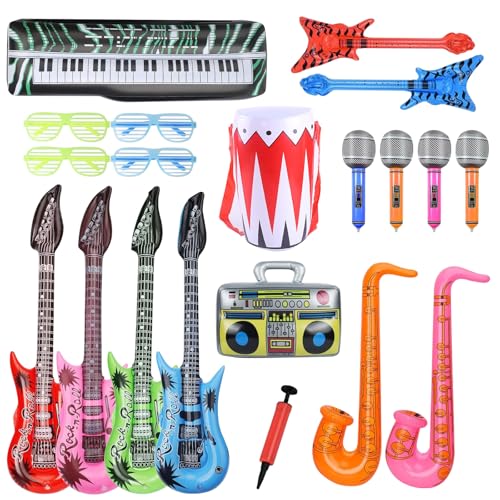 UBETTER Aufblasbare Rock Star Toys Set, 20 Pcs Aufblasbare Instrumente, Dekoration Karneval Party luftgitarren zum Aufblasen, Bass, Saxophon, Mikrofone, Keyboards, Drum & Party Brille für Kinder
