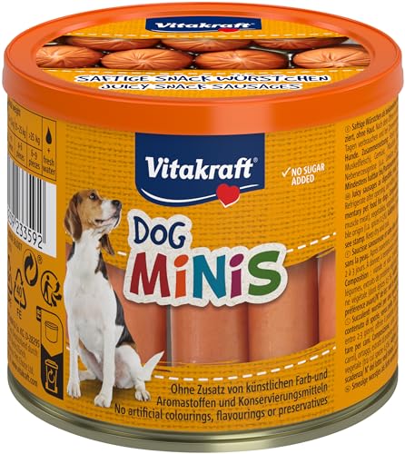 Vitakraft Dog Minis, Hundeleckerli getreidefrei, Würstchen, Belohnung für zwischendurch, mit Geflügel, gewürzreduziert, in wiederverschließbarer Dose, ohne Zusatz von Zucker (1x 120g)